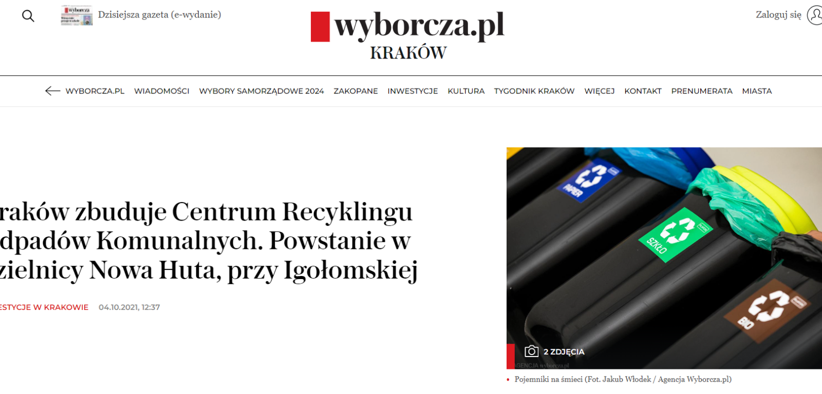 Artykuł wyborcza.pl „Kraków zbuduje Centrum Recyklingu Odpadów Komunalnych. Powstanie w dzielnicy Nowa Huta, przy Igołomskiej” 